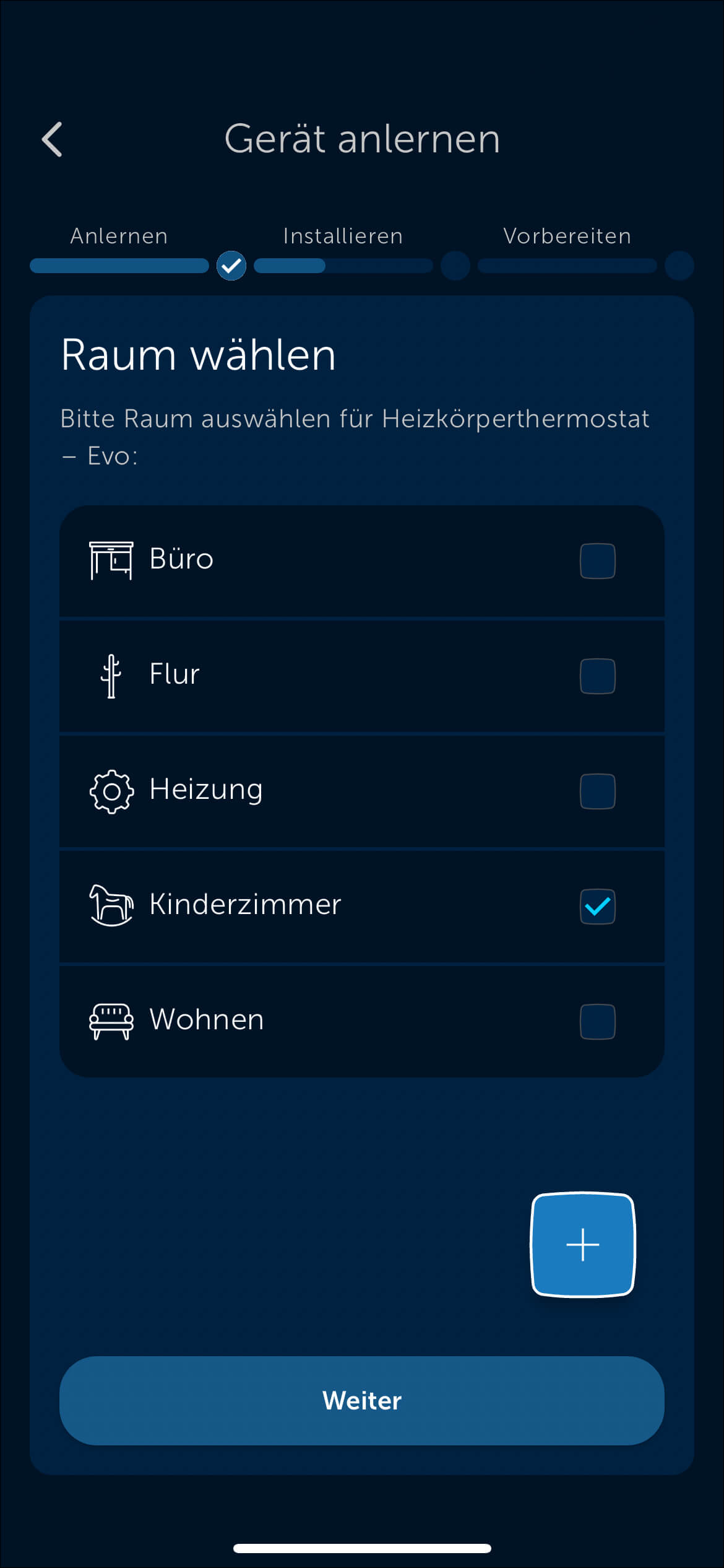Bild 4: Wählen Sie den Raum aus, für welchen Sie das Gerät verwenden möchten. Sie können auch einen neuen Raum konfigurieren, indem Sie auf das „Plus“-Zeichen tippen.
