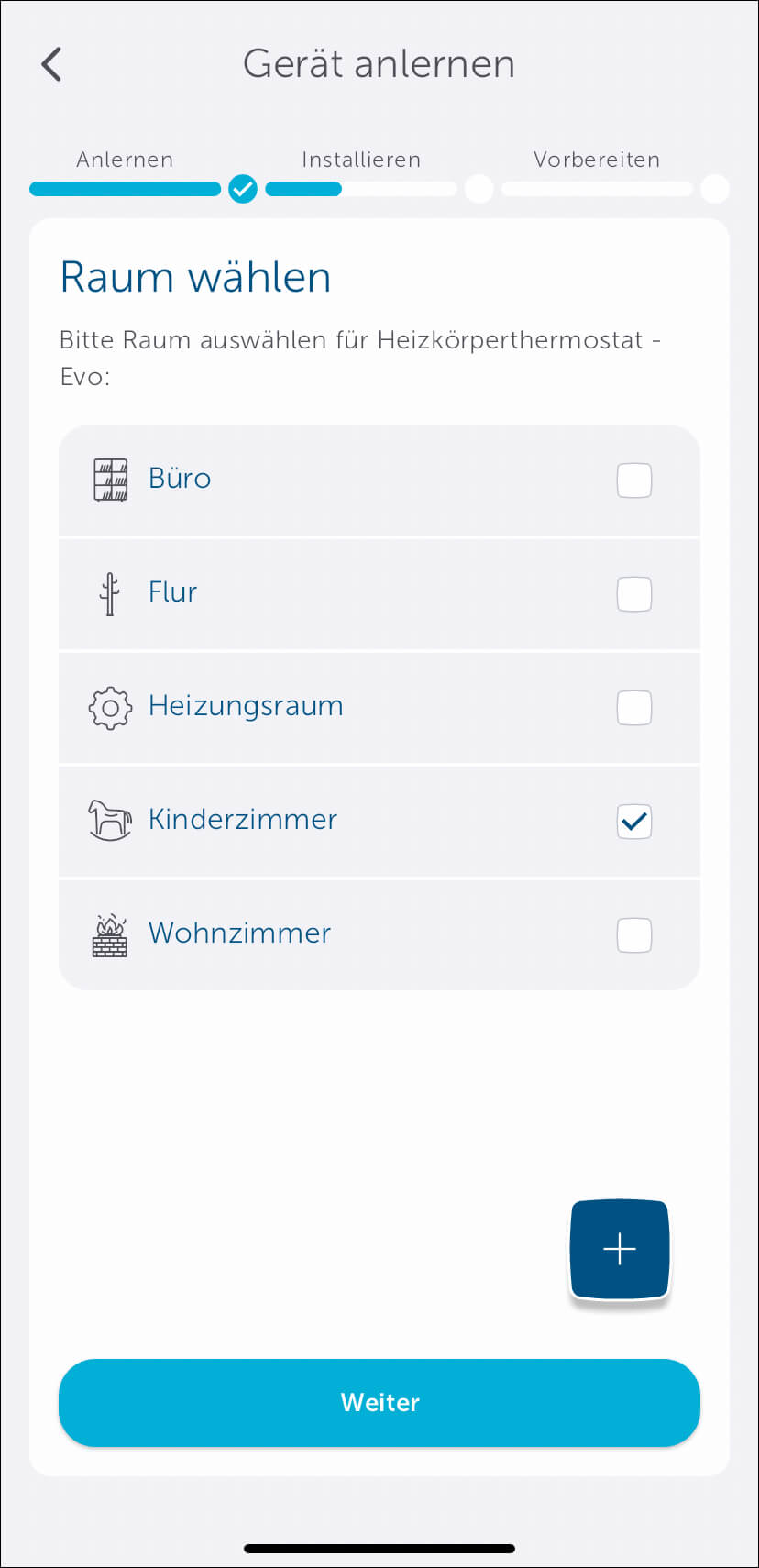 Bild 4: Wählen Sie den Raum aus, für welchen Sie das Gerät verwenden möchten. Sie können auch einen neuen Raum konfigurieren, indem Sie auf das „Plus“-Zeichen tippen.