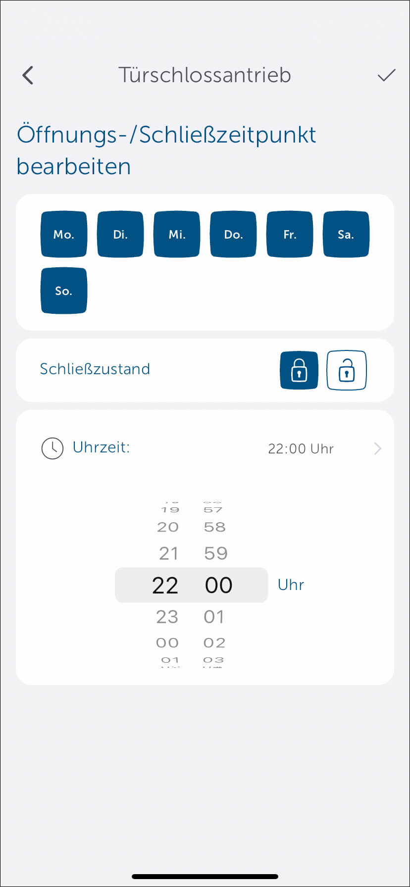 Bild 17: Wählen Sie den Schließzeitpunkt, wann die Tür automatisch verschlossen werden soll. Zum Beispiel: Jeden Abend um 22:00 Uhr, wenn man ins Bett geht.