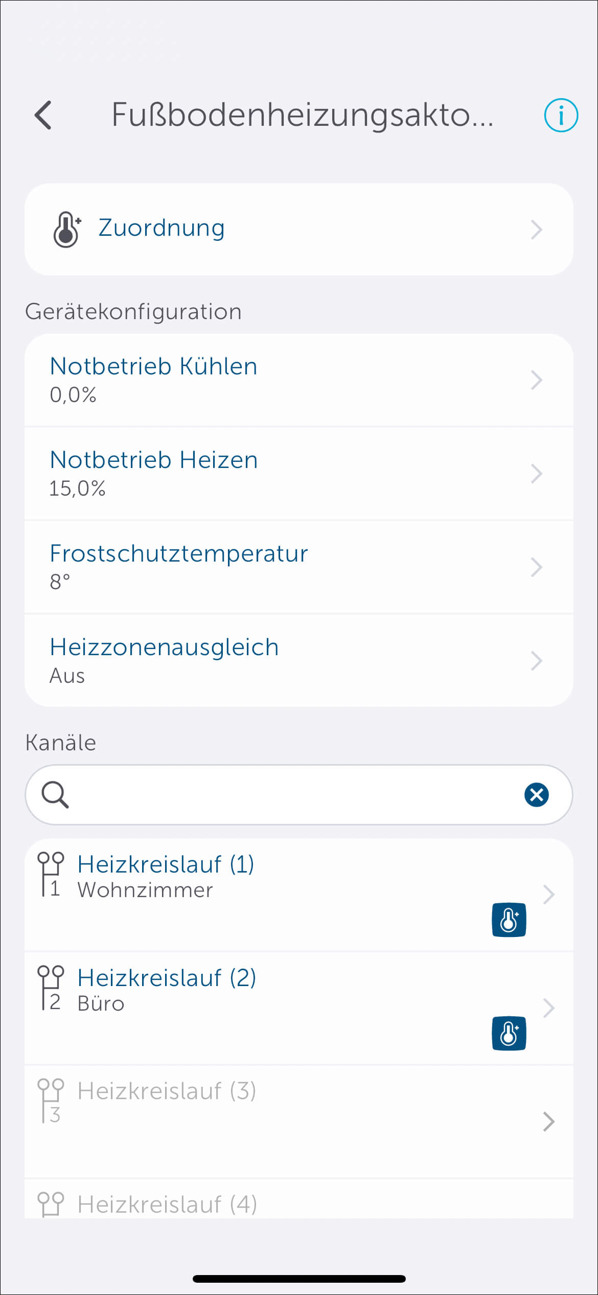 Bild 22: Klicken Sie entweder über den Homescreen auf den Raum und dann auf "Geräte". Oder klicken sie auf "Mehr" und "Geräteübersicht" und wählen das passende Gerät aus, um das Konfigurationsmenü für den Fußbodenheizungscontroller zu erreichen.