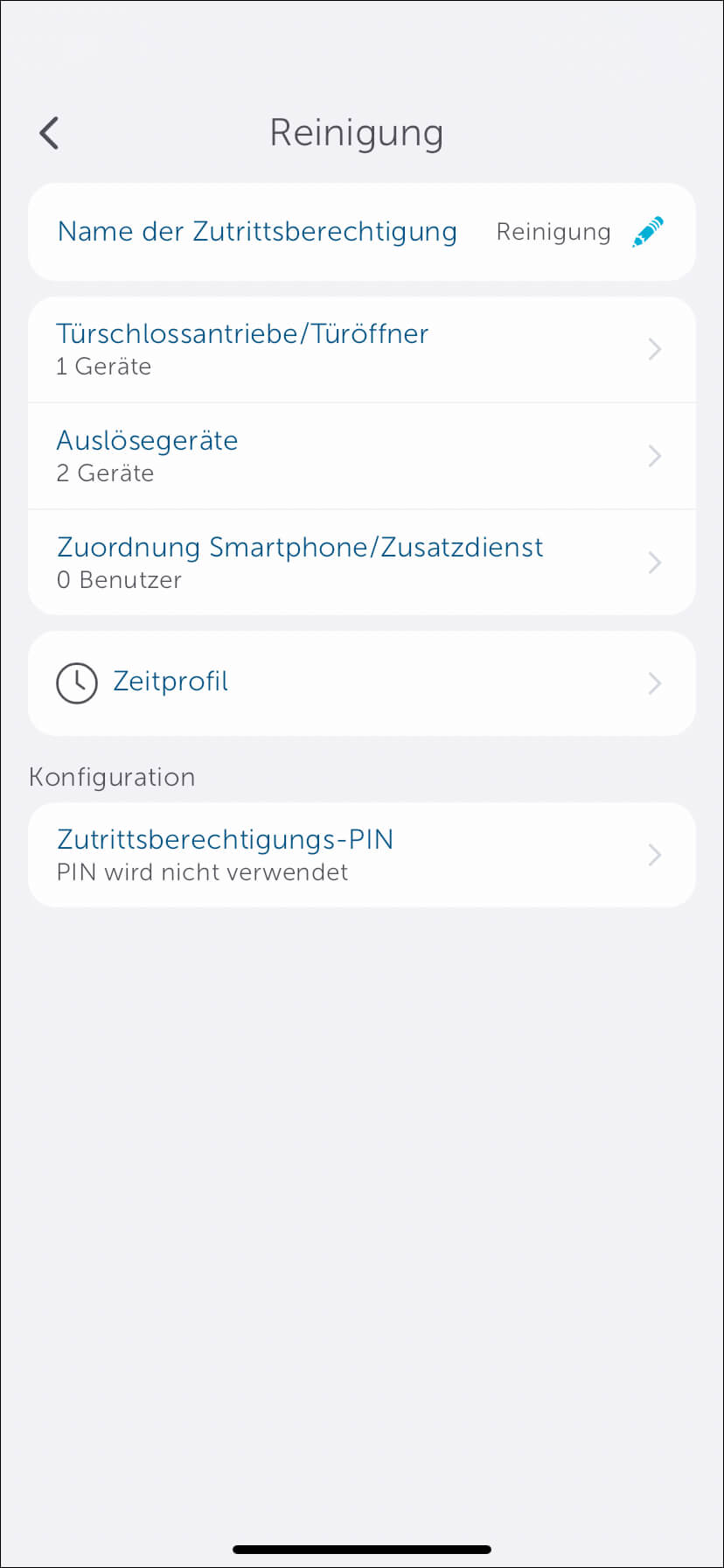 Bild 44: Der Zutritt ist nun unbegrenzt mit dem Code möglich. Tippen Sie auf "Zeitprofil".