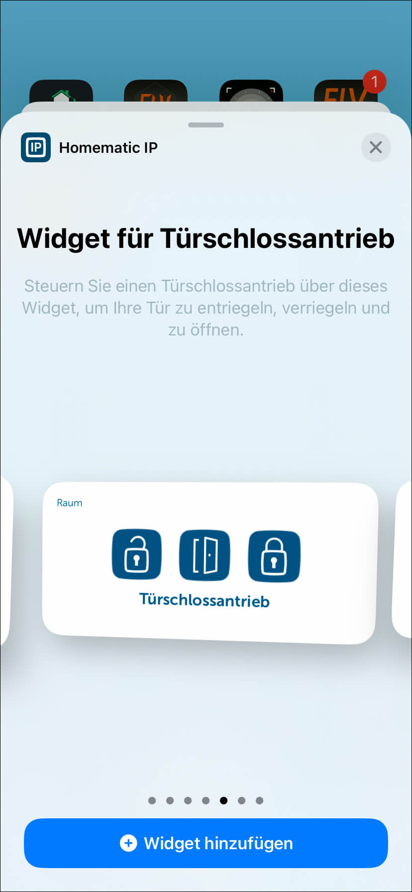 Bild 52: Wählen Sie nun das passende Widget für Ihr Gerät aus. In unserem Fall "Widget für Türschlossantrieb" und tippen auf "Widget hinzufügen".