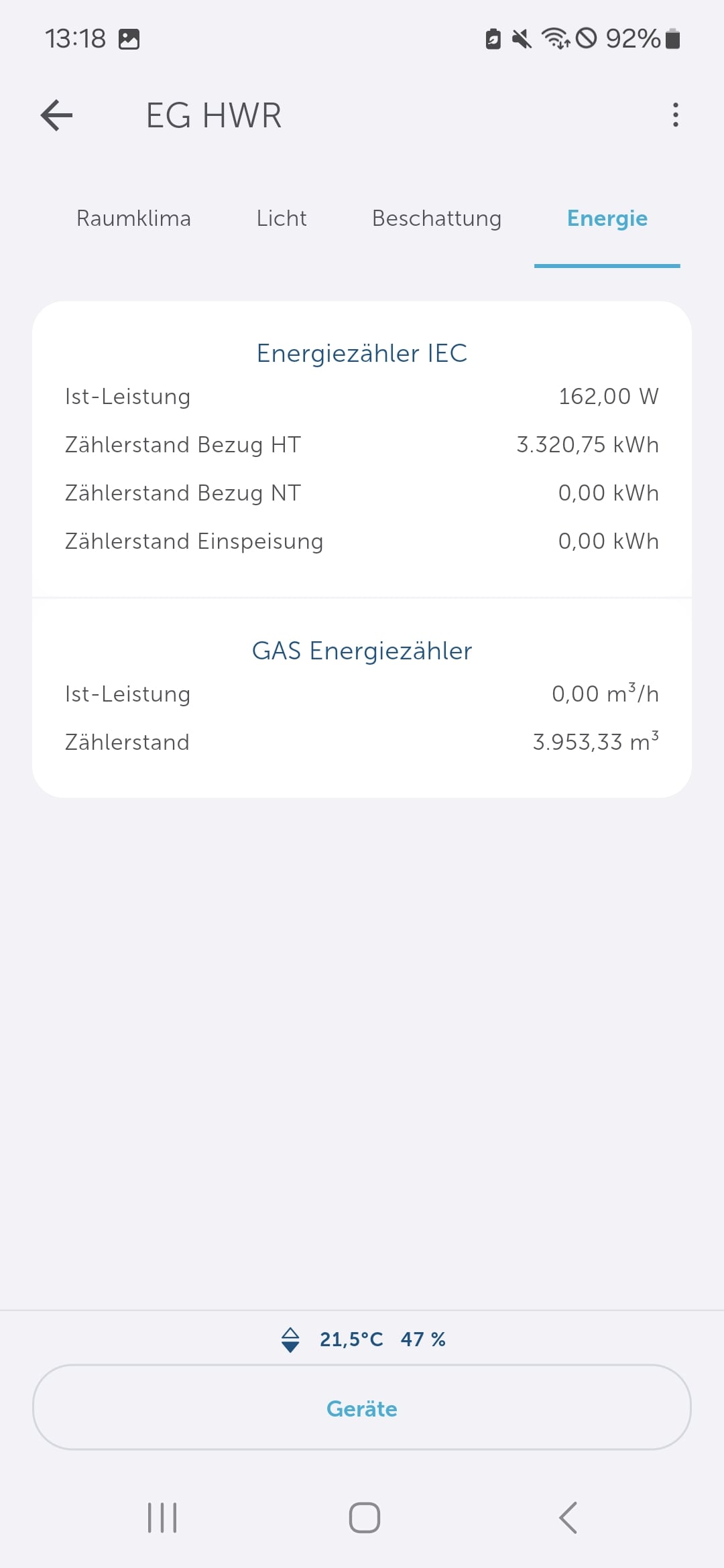 Bild 24: Im Reiter „Energie“ finden Sie die aktuelle IST - Leistung und den Zählerstand. Dies bezieht sich auf alle im Raum befindlichen  Energiesensoren.