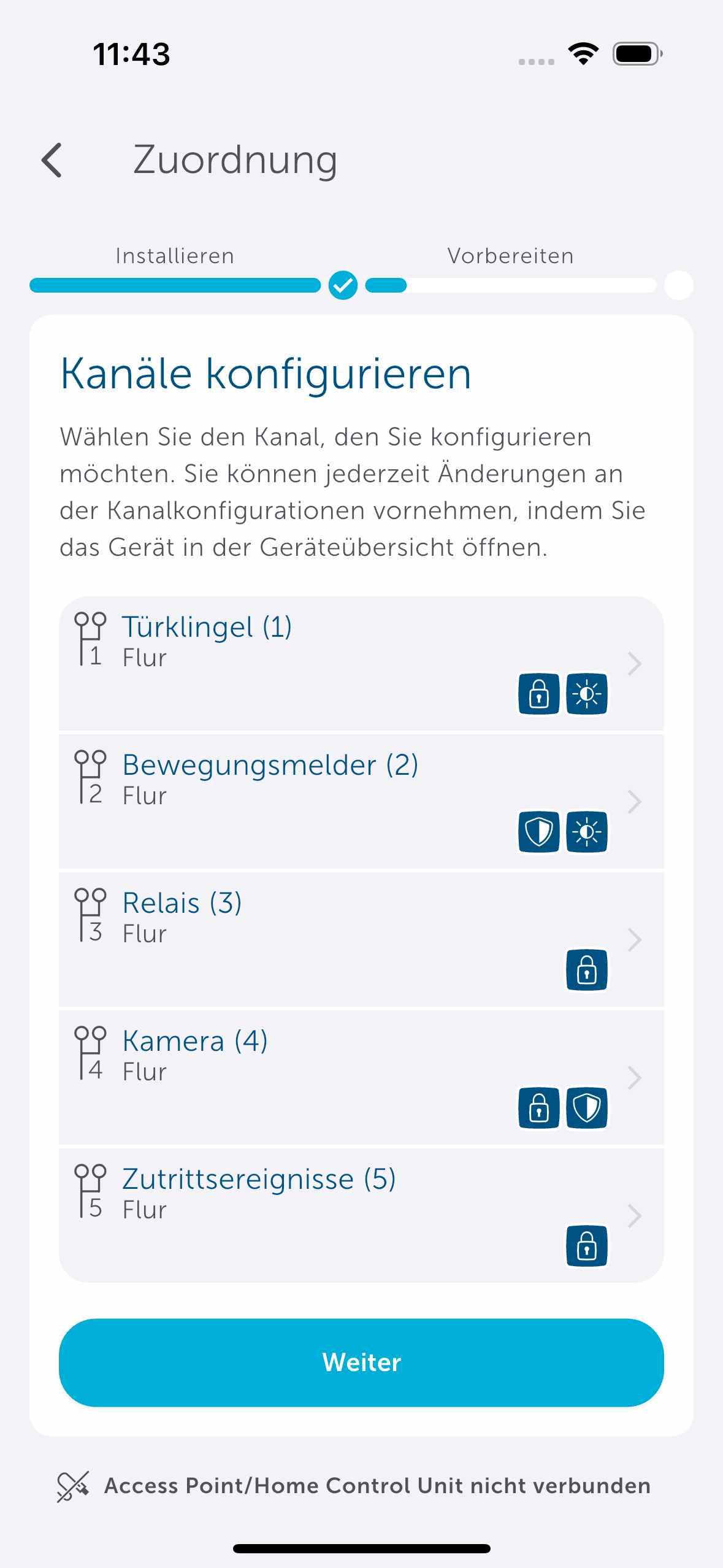 Bild 10: Die DoorBird übergibt fünf Kanäle an Homematic IP:   Diese haben den folgenden Inhalt:  Kanal 1: Klingeltaster Kanal 2: Bewegungsmelder Kanal 3: internes Relais Kanal 4: Kamerabild Kanal 5: Zutrittsereignis  Ordnen Sie alle Kanäle entsprechend zu und klicken Sie auf „Weiter“.