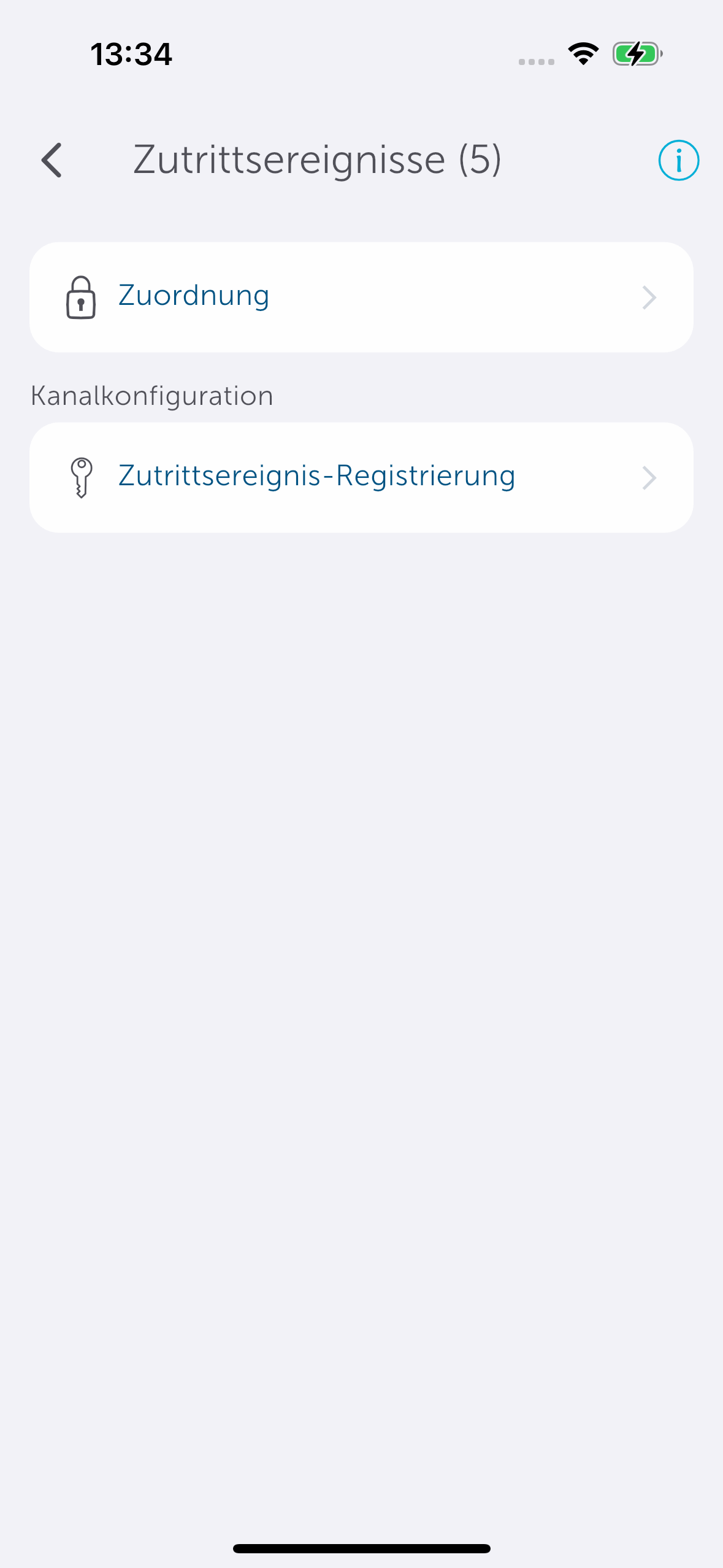 Bild 12: Wechseln Sie in den Zutrittsereignis-Kanal und tippen Sie auf „Zutrittsereignis-Registrierung“.  Der folgende Dialog führt dazu, dass ein an der DoorBird Station registriertes Ereignis auch an die Homematic IP Lösung übergeben wird.
