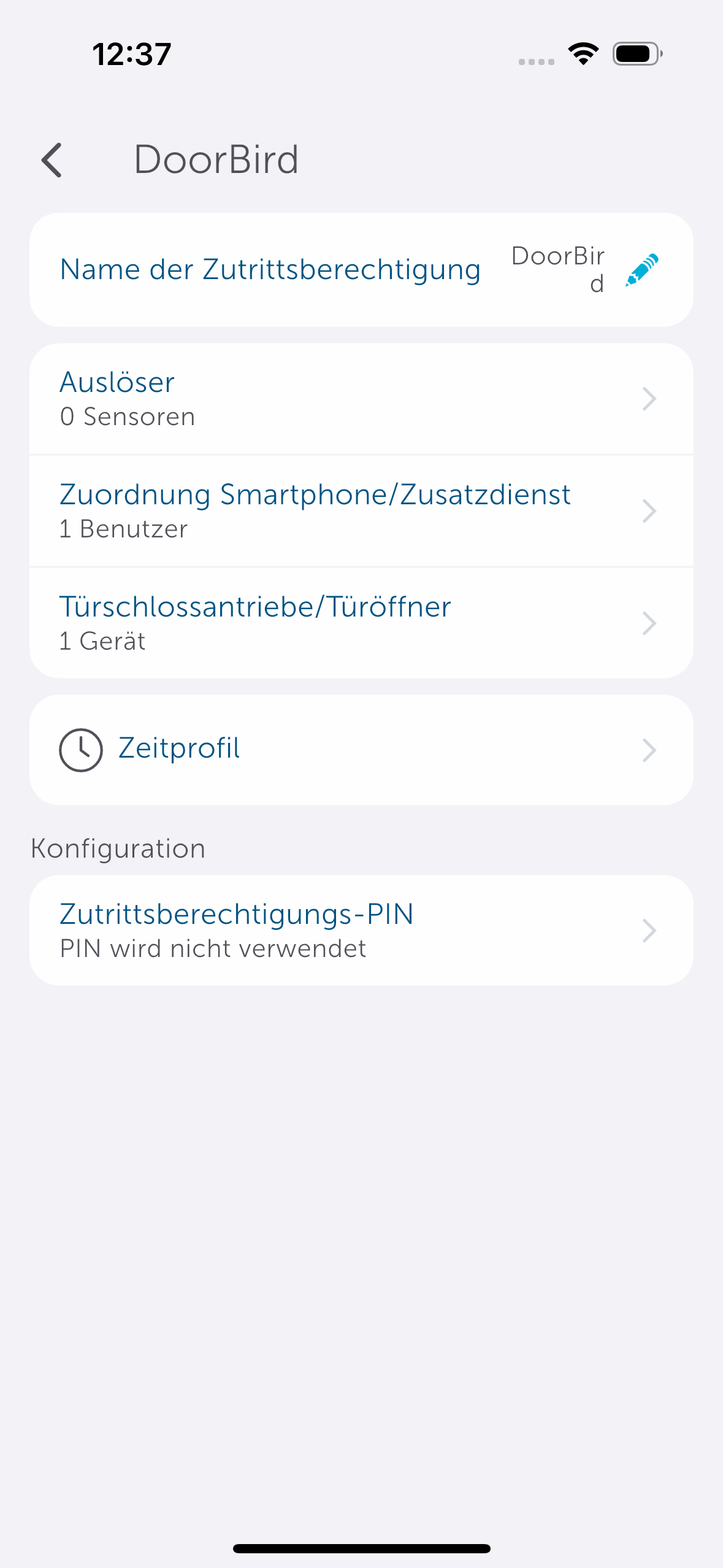 Bild 19: Unter „Zuordnung Smartphone/Zusatzdienst“ wählen Sie Ihr Smartphone (fett markiert). Als Türschlossantrieb/Türöffner wählen Sie den entsprechenden Aktor (z. B. HmIP-DLD).