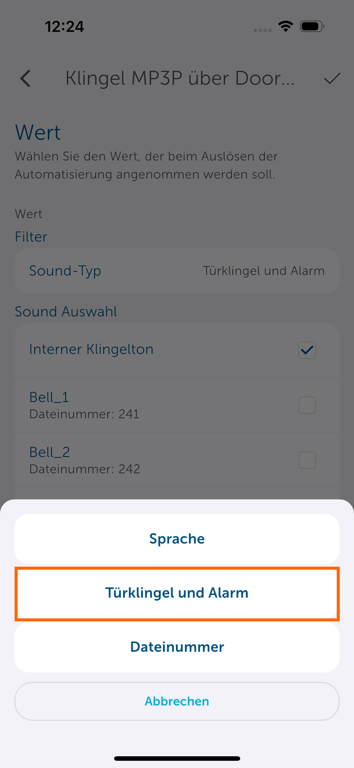 Bild 27: Stellen Sie den Sound-Typ auf „Türklingel und Alarm“, um passende Klingeltöne zu aktivieren.