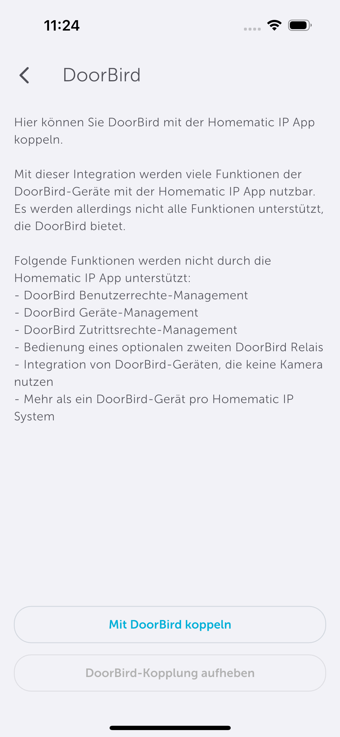 Bild 4: Ein Dialog mit Hinweisen zu möglichen Einschränkungen erscheint. Fahren Sie mit „Mit DoorBird koppeln“ fort.