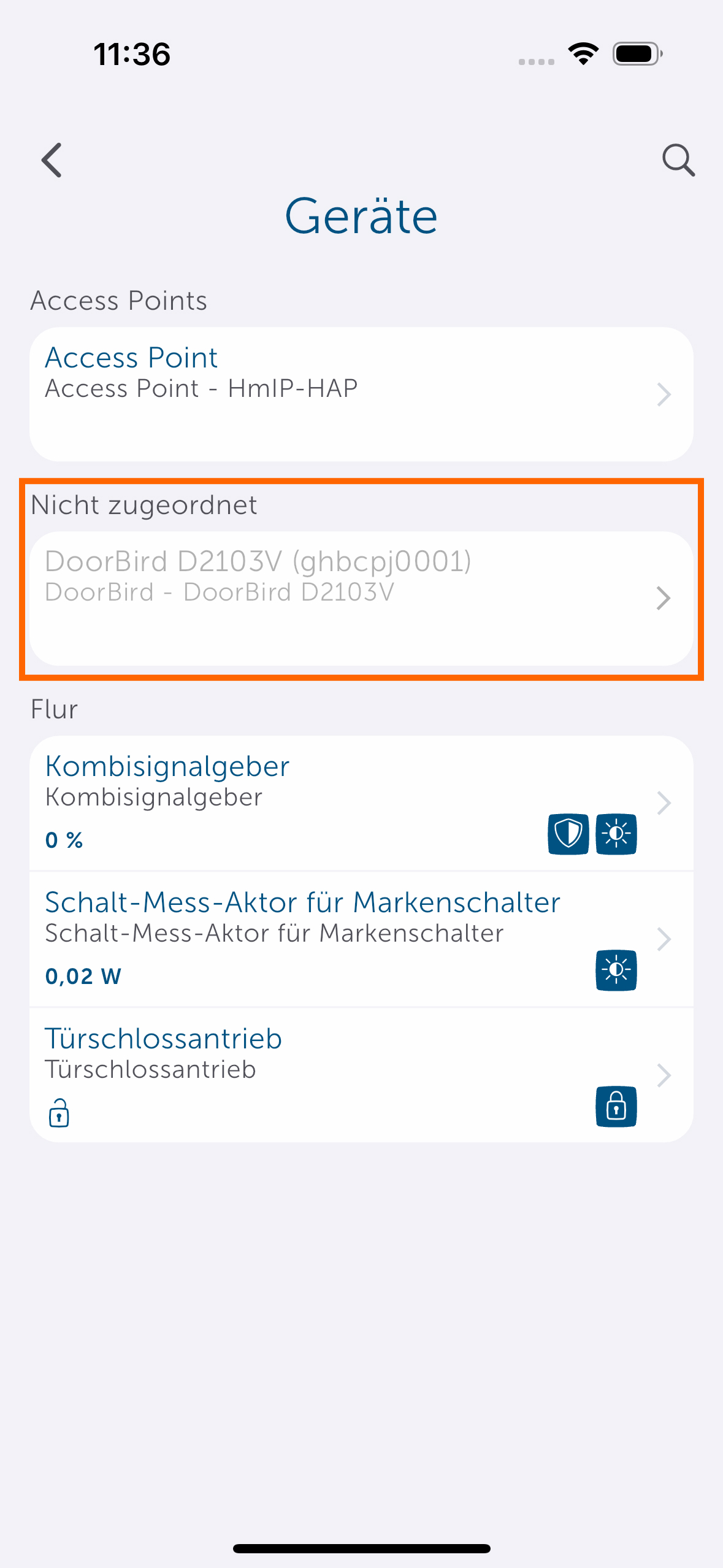 Bild 7: Nach erfolgreicher Kopplung erscheint die DoorBird als nicht zugeordnetes Gerät (grau markiert) in der Geräteliste.