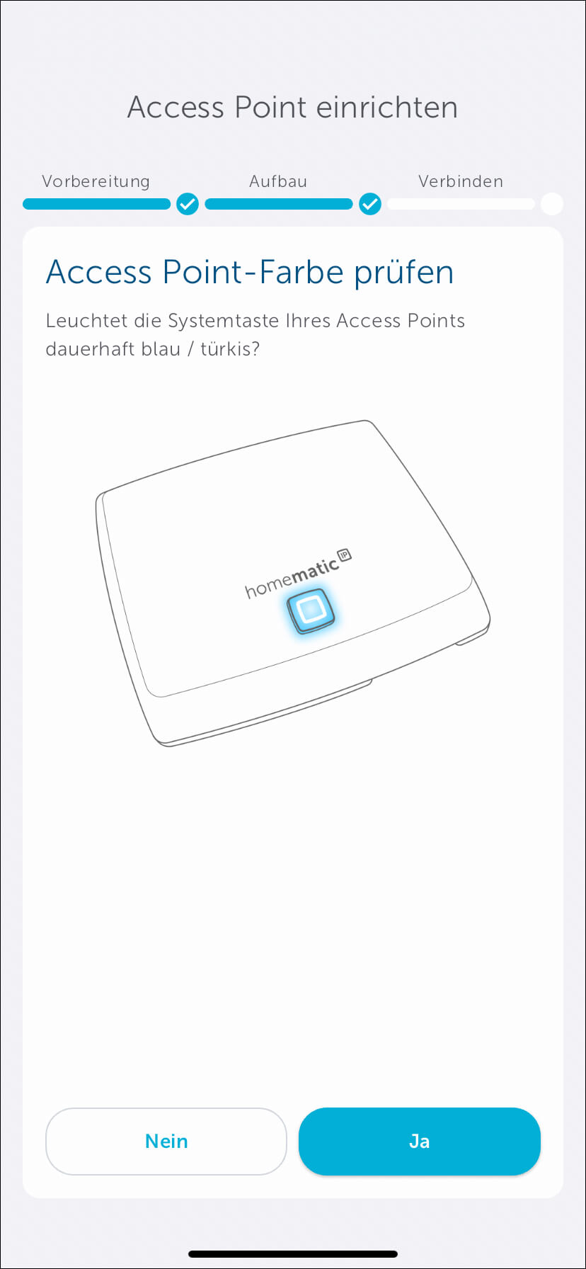 Bild 8: Folgen Sie dann den Anweisungen der App: Nach dem Scannen des QR-Codes leuchtet die Bedientaste am Access Point dauerhaft blau.