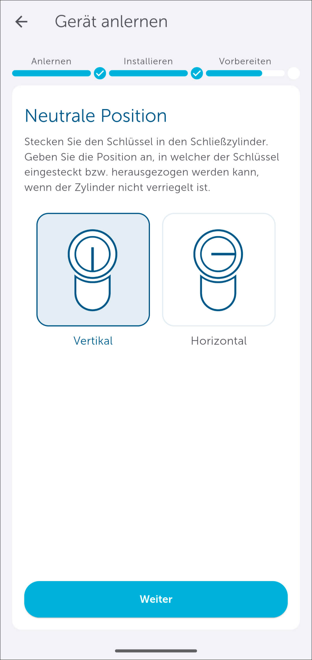 Bild 17: Geben Sie die neutrale Position des Schlüssels an. Das ist die Position, an dem Sie den Schlüssel vom Schloss ziehen können.