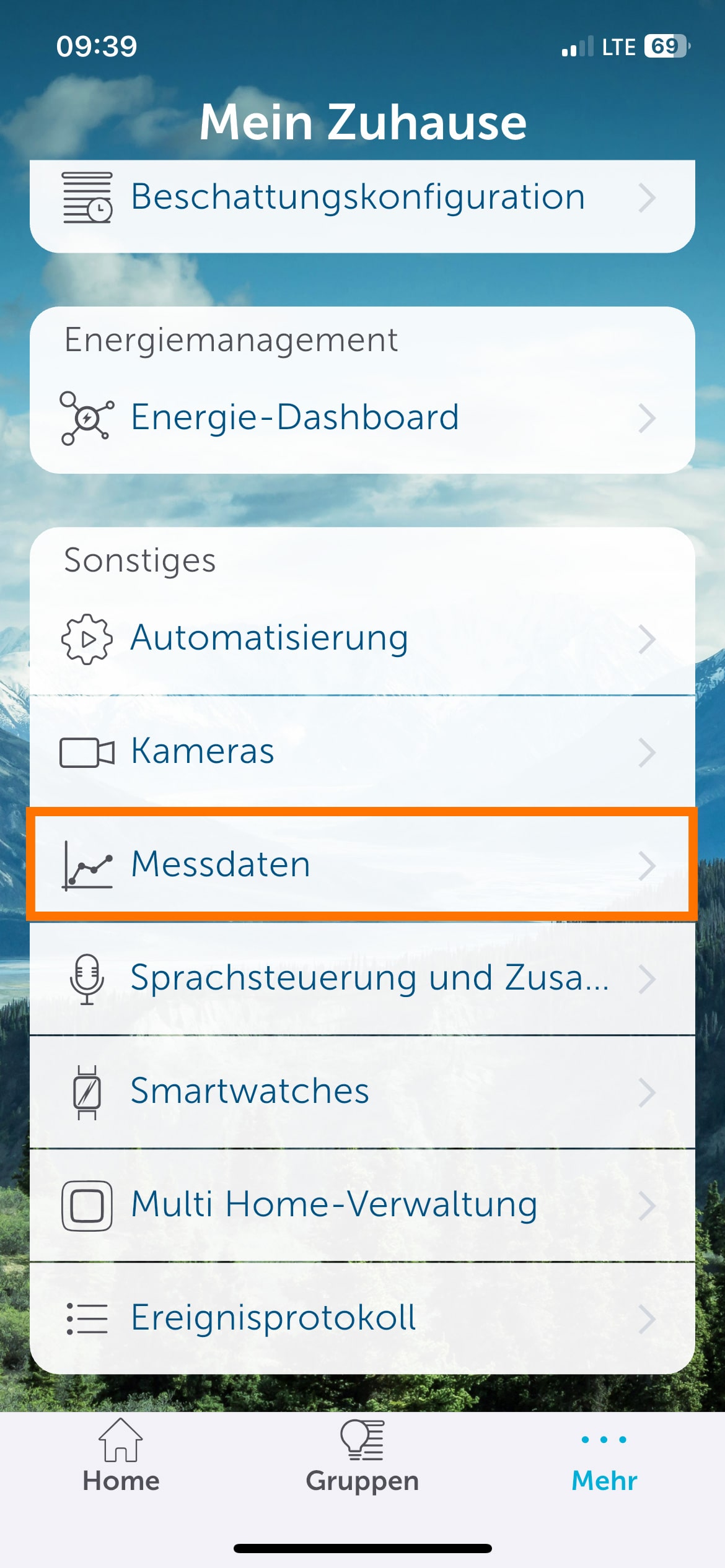 Bild 25: Gehen Sie hierfür in der Homematic IP App über „Mehr“ und „Messdaten“ um die Messdatenpunkte der GAS Schnittstelle zu aktivieren.