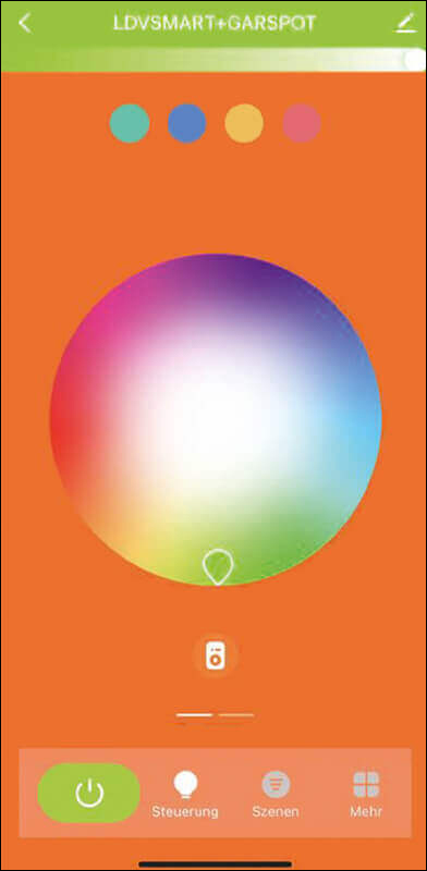 Bild 41: Soll es bunt werden, genügt ein Wischen von links nach rechts über den Screen, um auf den Farbwähler der App zu gelangen. Neben dem manuellen Setzen einzelner Farben können Sie in der App auch Szenen nutzen, die Sie über den Button „Szenen“ auswählen können.