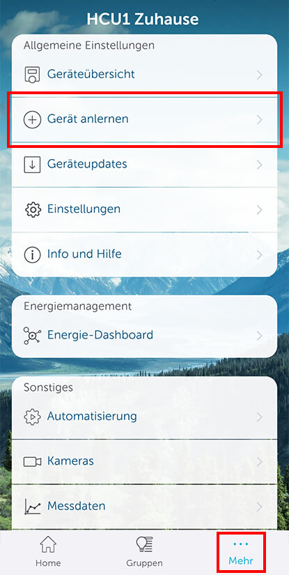Bild 3: Öffnen Sie die Homematic IP App und gehen Sie auf „Mehr“. Anschließend wählen Sie „Gerät anlernen“.  Halten Sie einen Abstand von min. 1 Meter zwischen Zentrale und Gerät ein.