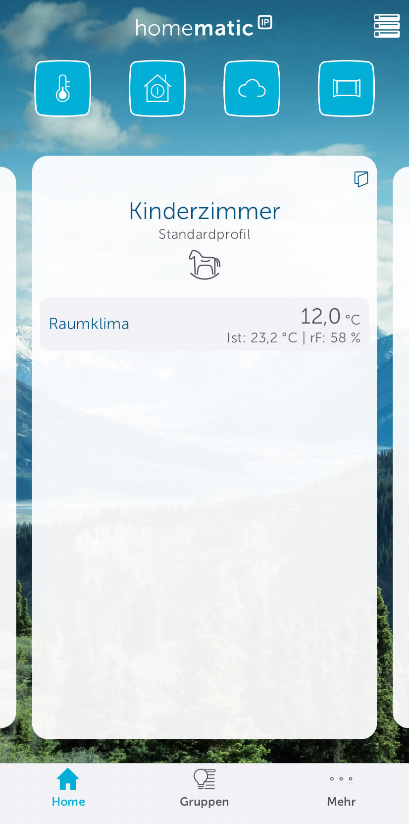 Bild 11: In der Raumansicht sehen Sie nun die Ist-Temperatur und Luftfeuchtigkeit des Wandthermostats sowie die Soll-Temperatur für den Raum.
