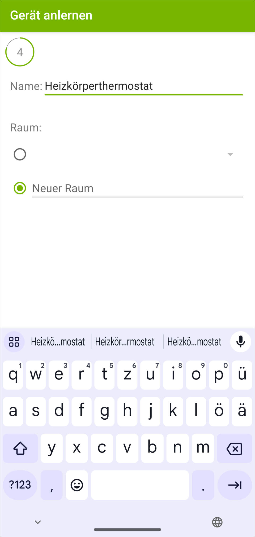 Bild 8: Geben Sie dem angelernten Heizkörperthermostat einen Namen und legen Sie den Raum an, in dem er montiert wurde. Bis zu 5 Thermostate pro Raum sind möglich, maximal sind 10 Räume anlegbar.